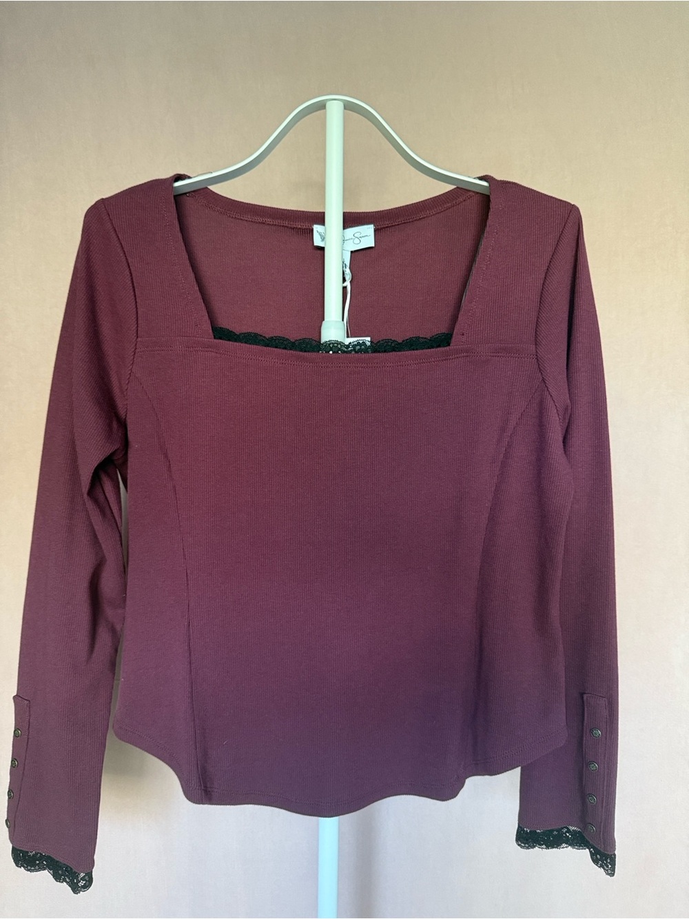 Jessica Simpson Aleera Ribbed Knit Top with Lace Trim Lace Trim Top Purple Large